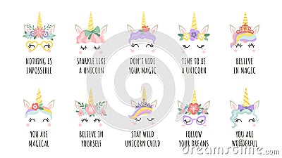 Unicorn quotes. Magic fairy horse with horn faces and motivational phrase. Girl print with slogan follow your dreams and Vector Illustration