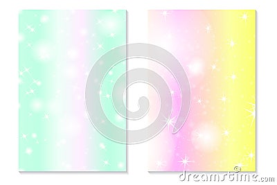 Unicorn rainbow background. Holographic sky in pastel color. Bright hologram mermaid pattern in princess colors. Vector Illustration