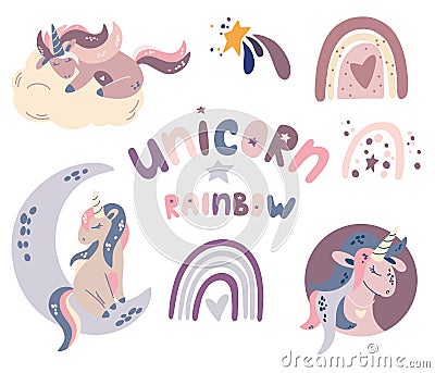 Unicorn and rainbow collection. Fantastic animal. Nursery prints. Perfect for the design of postcards, posters, covers, prints on Cartoon Illustration