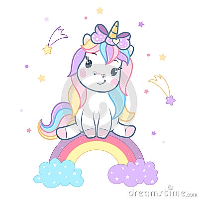 Cute magical unicorn sitting on rainbow. Vector Illustration