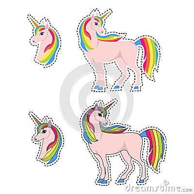 Unicorn, rainbow hair, set, patch Vector Illustration