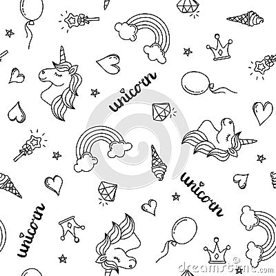 Unicorn, rainbow and hearts seamless pattern hand drawing black outline isolated Vector Illustration