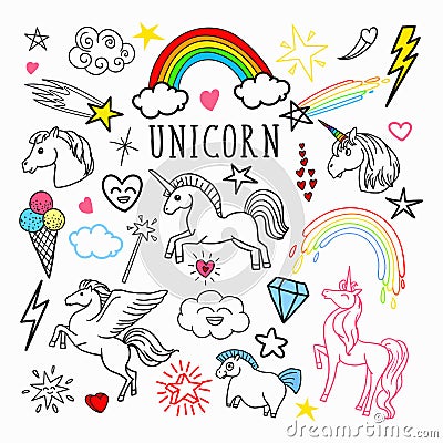 Unicorn Rainbow Magic Freehand Doodle. Stickers and Patches Isolated on White Background Vector Illustration