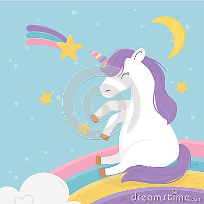 Unicorn on rainbow moon shooting star fantasy magic dream cute cartoon Vector Illustration