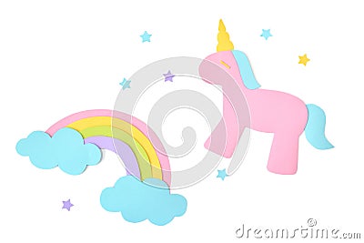 Unicorn and rainbow paper cut on white background Stock Photo