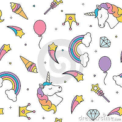 Unicorn and rainbow seamless pattern isolated on white background Vector Illustration