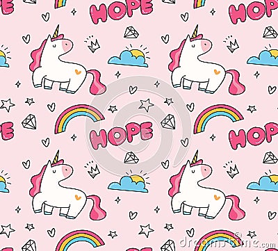 Unicorn and rainbow seamless pattern in kawaii style vector Stock Photo