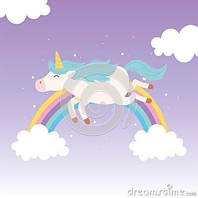Unicorn rainbow starry sky clouds magical fantasy cartoon cute animal Vector Illustration