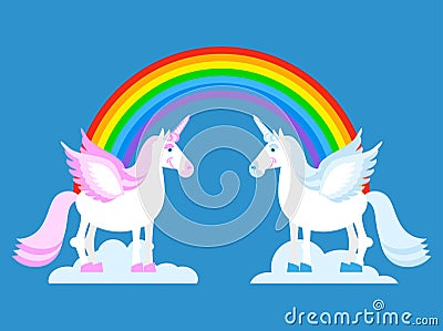 Unicorn and Rainbow. Two cute fantasy creatures in clouds. Fabulous beast with horn in his forehead. Pink and blue mythic animal. Vector Illustration