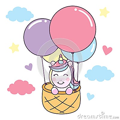 Unicorn ride basket with Air Balloon Illustration Stock Photo