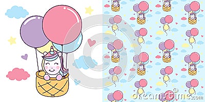 Unicorn ride basket with Air Balloon with seamless pattern Illustration Stock Photo