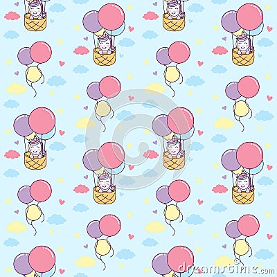 Unicorn ride basket with Air Balloon seamless pattern Illustration Stock Photo