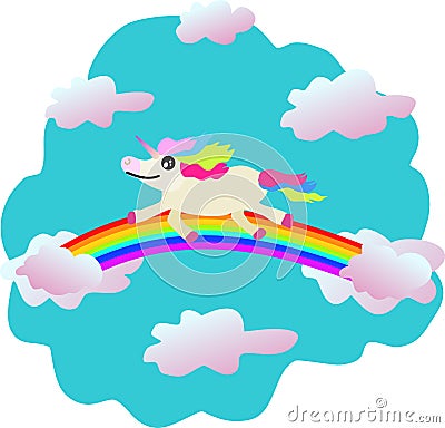 Unicorn ride rainbow in the sky Vector Illustration