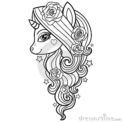 Unicorn with roses. Black and white image for coloring. Vector Vector Illustration