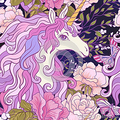 The unicorn, roses and butterflies Seamless pattern in pink, pur Vector Illustration