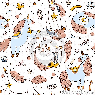 Unicorn seamless pattern, funny unicorn clipart for kids, cute magic horse animals, nursery room decor, neutral color Vector Illustration