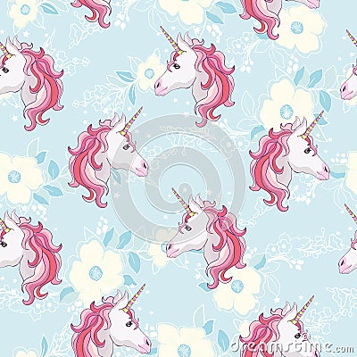 Unicorn seamless pattern. Unicorns with rainbow mane and horn on flat purple background with stars. Vector illustration Vector Illustration