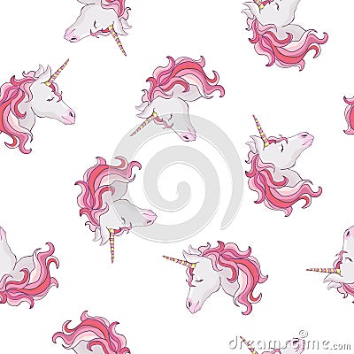 Unicorn seamless pattern. Unicorns with rainbow mane and horn on flat purple background with stars. Vector illustration Vector Illustration