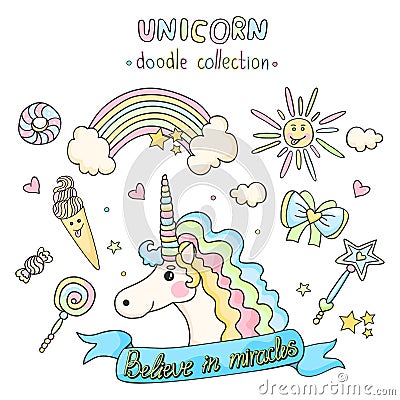 Unicorn set. Doodle collection. Stock Photo