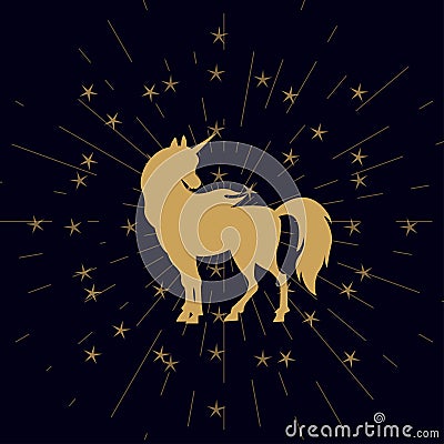 Unicorn silhouette, sunburst effect Vector Illustration