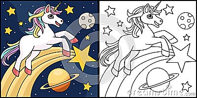 Unicorn Space Coloring Page Colored Illustration Vector Illustration