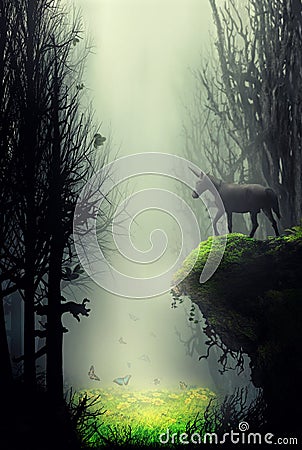 The unicorn stands on the edge of a fantasy forest beneath which there is a meadow Stock Photo