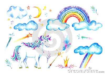 Unicorn,stars,magic wand and rainbow. Watercolor Cartoon Illustration