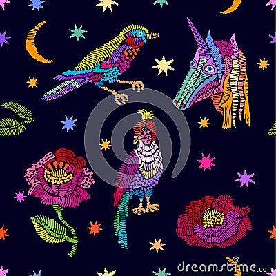 Unicorn, stars, plants and birds. Vector Illustration