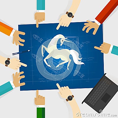 Unicorn start-up tech company hands pointing white horse around the blue print with sketch drawing Vector Illustration