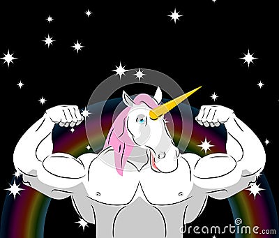 Unicorn Strong athlete. Magic pet bodybuilder with huge muscles. Vector Illustration