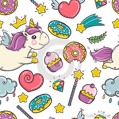 Unicorn sweet and donut set of stickers, pins, patches in cartoon comic style. seamless pattern Vector Illustration