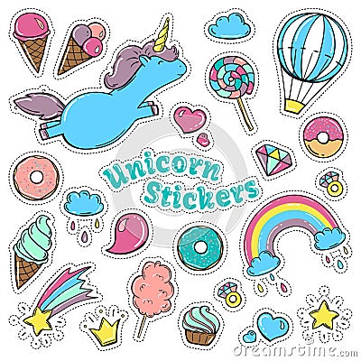 Unicorn sweet set of stickers, pins, patches in cartoon comic style. Vector Illustration