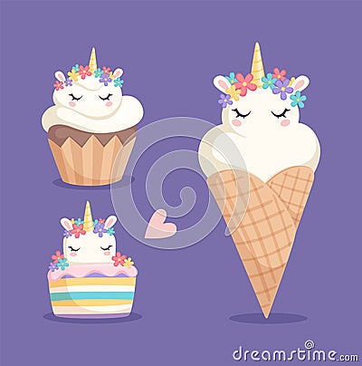 Unicorn sweets. Ice cream, cupcake and color rainbow cake with cartoon unicorns. Fantastic horses or pony desserts Vector Illustration