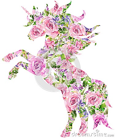 Unicorn. T-shirt graphics. Rose flower watercolor Stock Photo