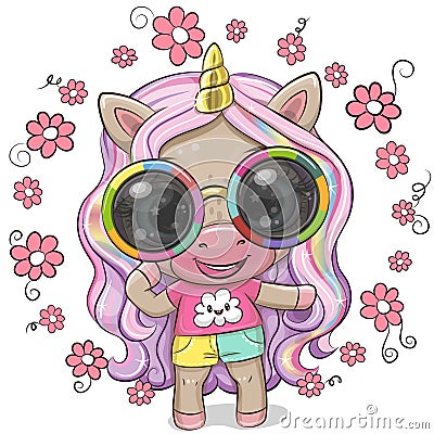 Unicorn in a t-shirt and shorts with glasses and flowers Vector Illustration