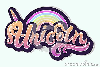 Unicorn text as logotype, badge, patch and icon on white background. Cartoon Illustration