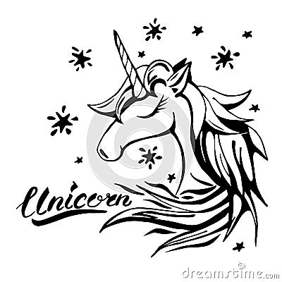 Unicorn text and character in tattoo style Vector Illustration