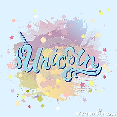 Unicorn text isolated on pastel colors panting background. Vector Illustration