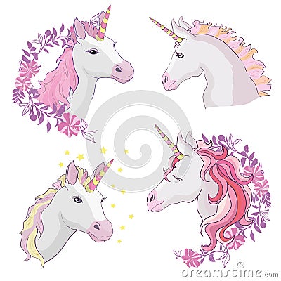 Unicorn vector icon isolated on white. Head portrait horse sticker, patch badge. Cute magic cartoon fantasy cute animal Vector Illustration