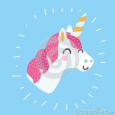 Unicorn vector icon isolated on white. Head portrait horse sticker, patch badge. Cute magic cartoon fantasy cute animal. Vector Illustration
