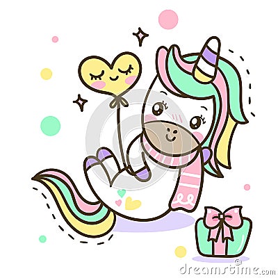 Unicorn vector icon isolated on white. Pony sticker, patch badge. Magic cartoon fantasy cute animal. Rainbow hair. Vector Illustration