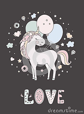 Unicorn vector sweet cute illustration. Magic fantasy design. Cartoon rainbow animal isolated horse. Fairytale unicorn Vector Illustration