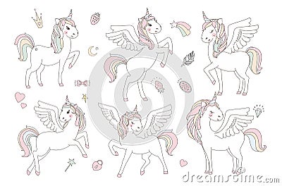 Unicorn vector sweet cute illustration. Magic fantasy design. Cartoon rainbow animal isolated horse. Fairytale unicorn Vector Illustration