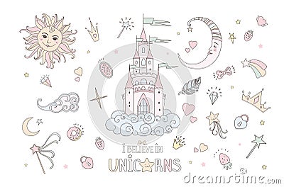 Unicorn vector sweet cute illustration. Magic fantasy design. Cartoon rainbow animal isolated horse. Fairytale unicorn Vector Illustration