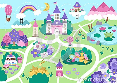 Unicorn village map. Fairytale background. Vector magic country scenes infographic elements with castle, rainbow, forest, pond, Vector Illustration