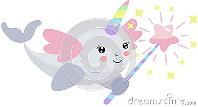 Unicorn whale with wings holding a star magic wand Vector Illustration