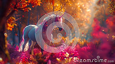 Unicorn in white in a pink dreamlike forest. Stock Photo