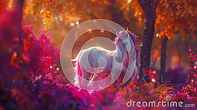 Unicorn in white in a pink dreamlike forest. Stock Photo