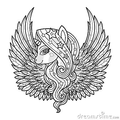 Unicorn with wings. Black and white. Doodle style. Vector illustration. Vector Illustration