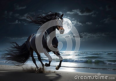 Moonlit Canter: Beautiful Black Horse Galloping on Beach under Full Moon Stock Photo